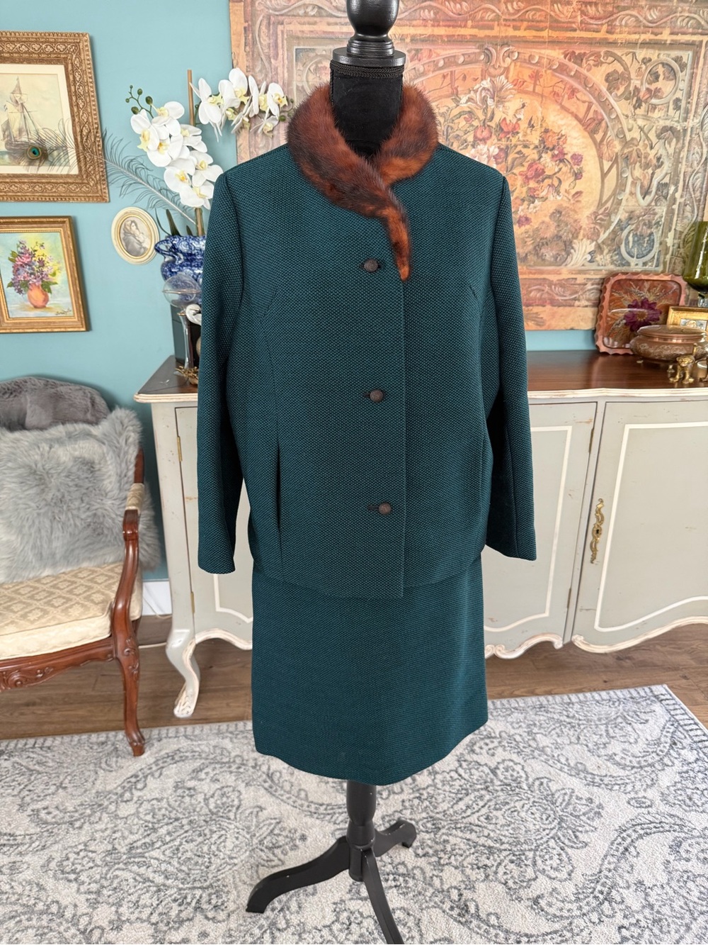 MCM Classic Women's Teal Wool Skirt Suit with Fur Collar